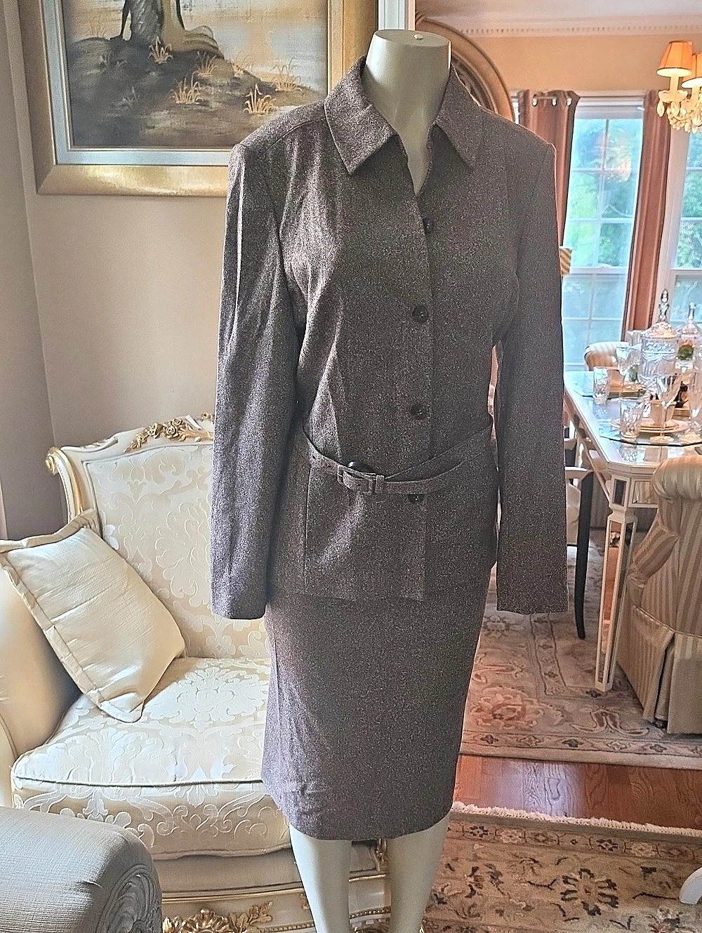 Brown Belted Midi Skirt Suit